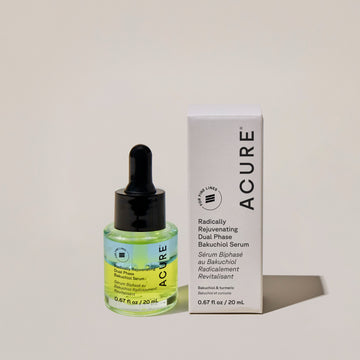 A bottle of ACURE Radically Rejuvenating Dual Phase Bakuchiol Serum next to its packaging box.